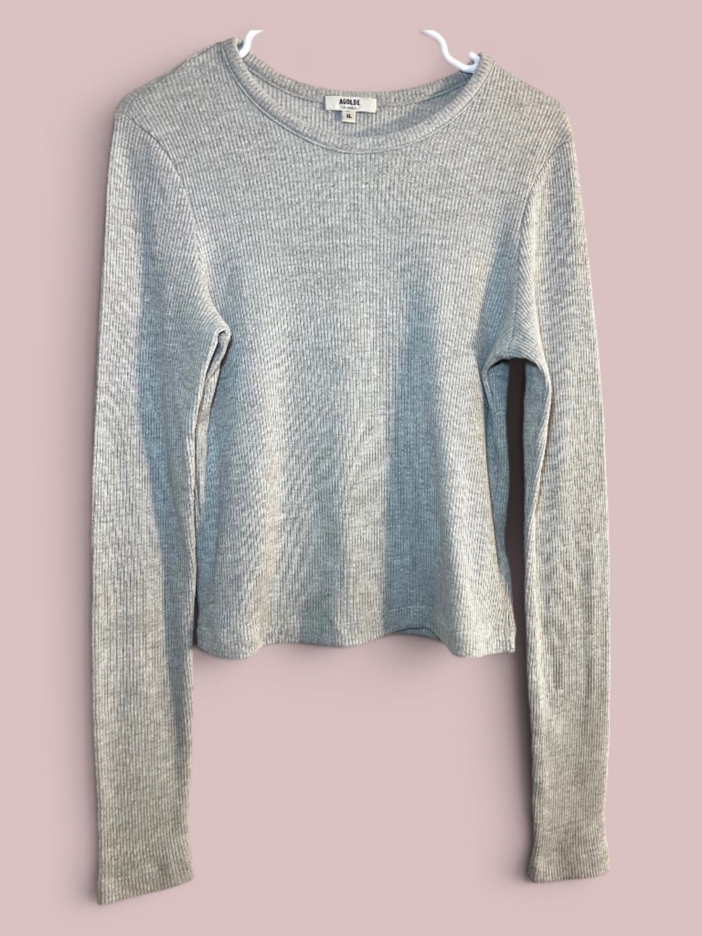 AGOLDE Alma Shrunken Long Sleeve Rib Top Greige / Gray Size XL
